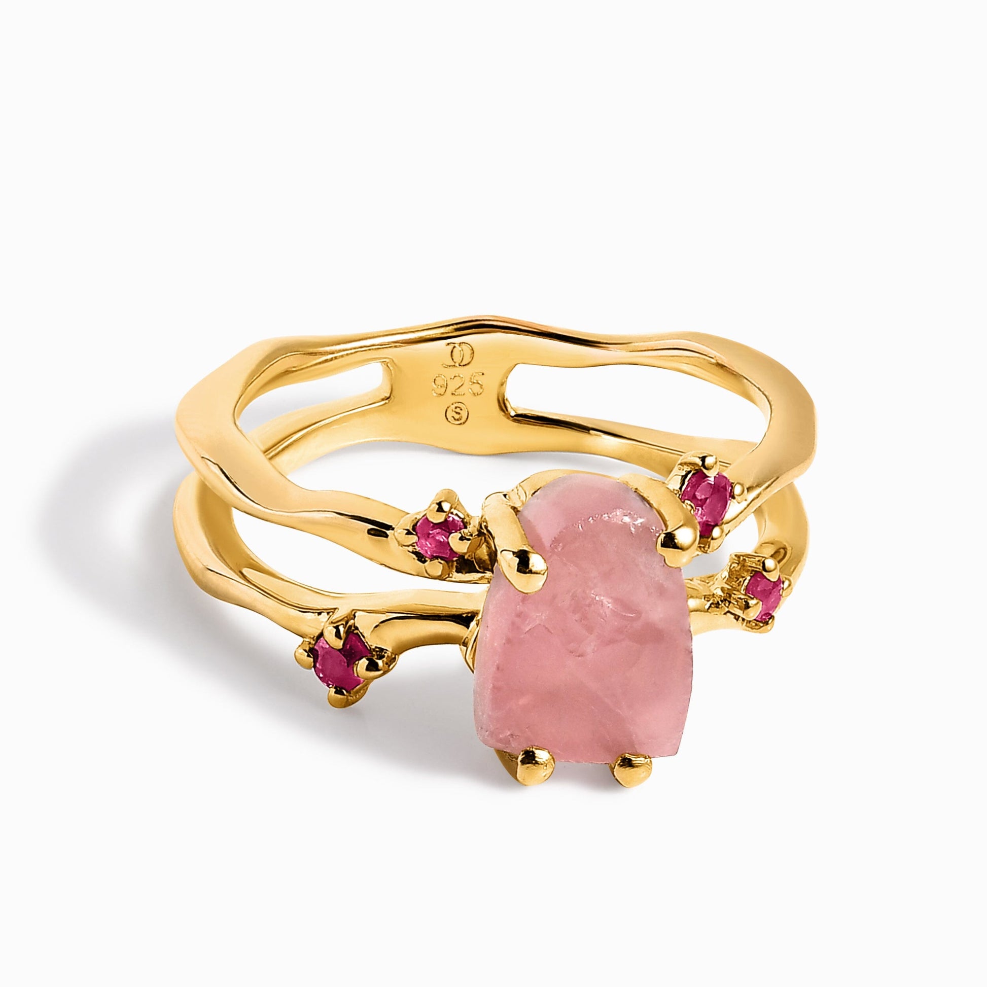 Rose Quartz Ruby Ring - Flow, yellow gold