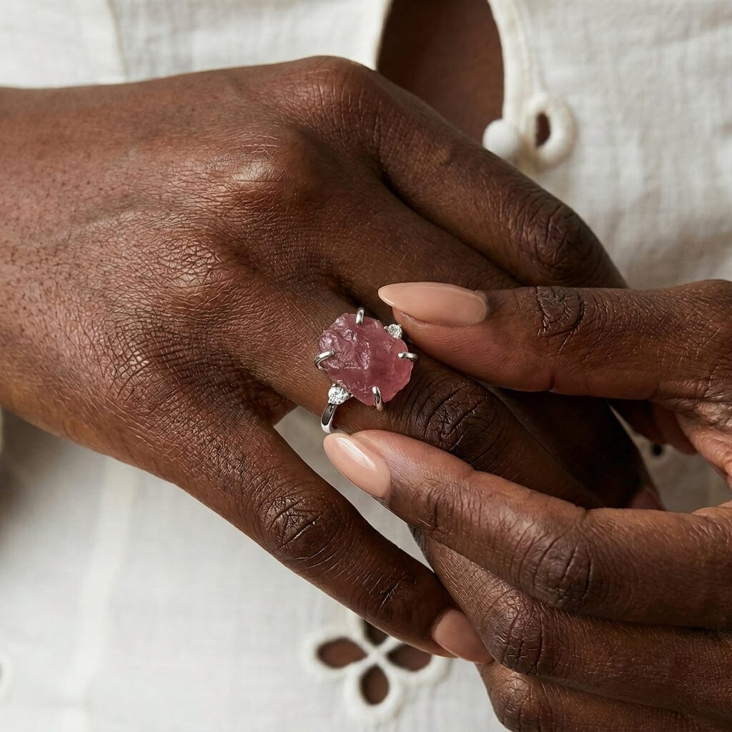 Rose Quartz Lab Diamond Ring - Raw Allure - on hand white gold
