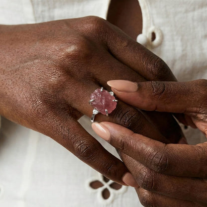 Rose Quartz Lab Diamond Ring - Raw Allure - on hand white gold