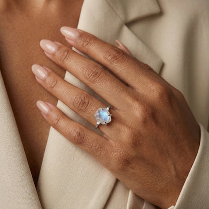 Moonstone Diamond Ring - Raw Allure - White Gold on hand