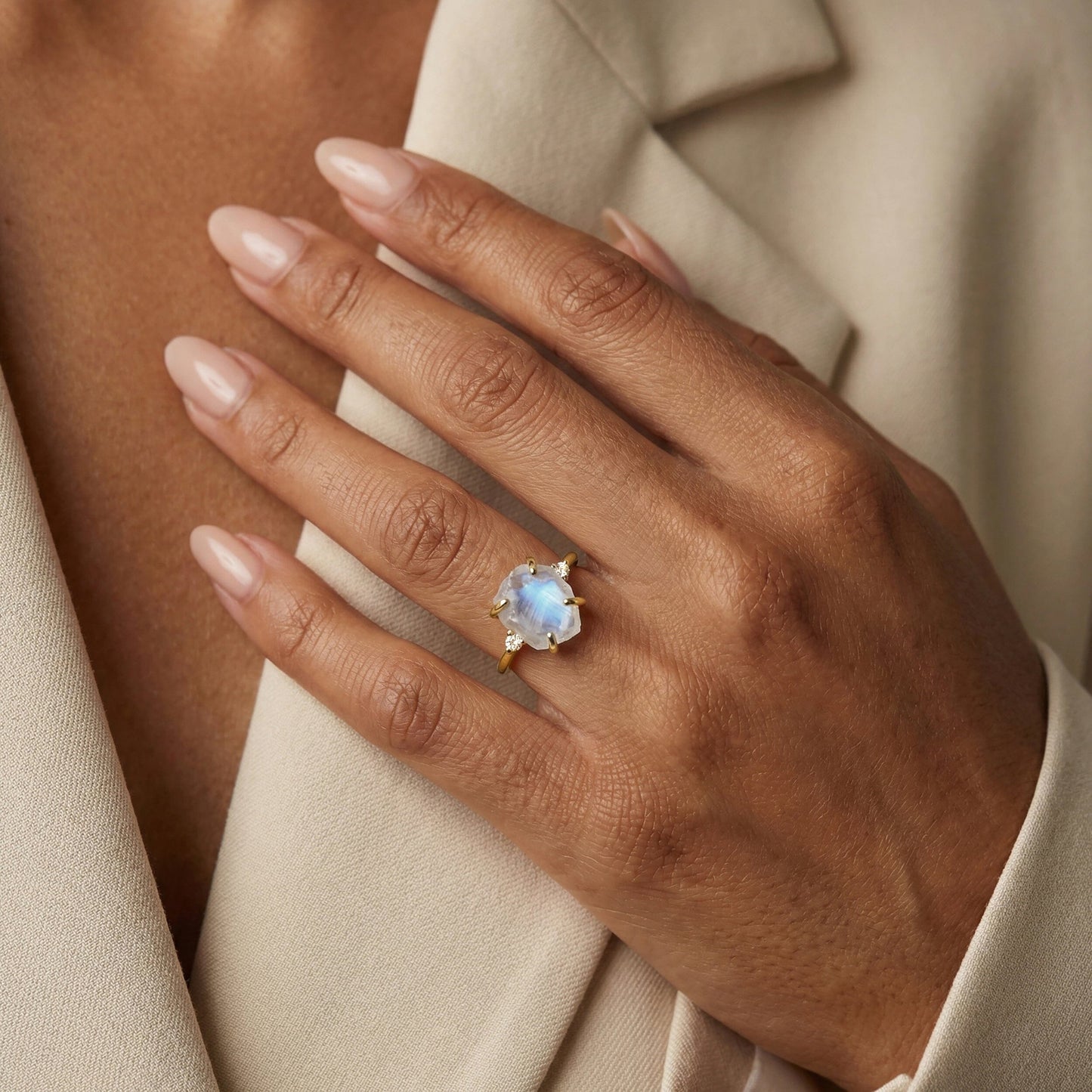 Moonstone Diamond Ring - Raw Allure - Yellow Gold on hand