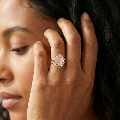 Rose Quartz Lab Diamond Ring - Raw Allure - on face yellow gold