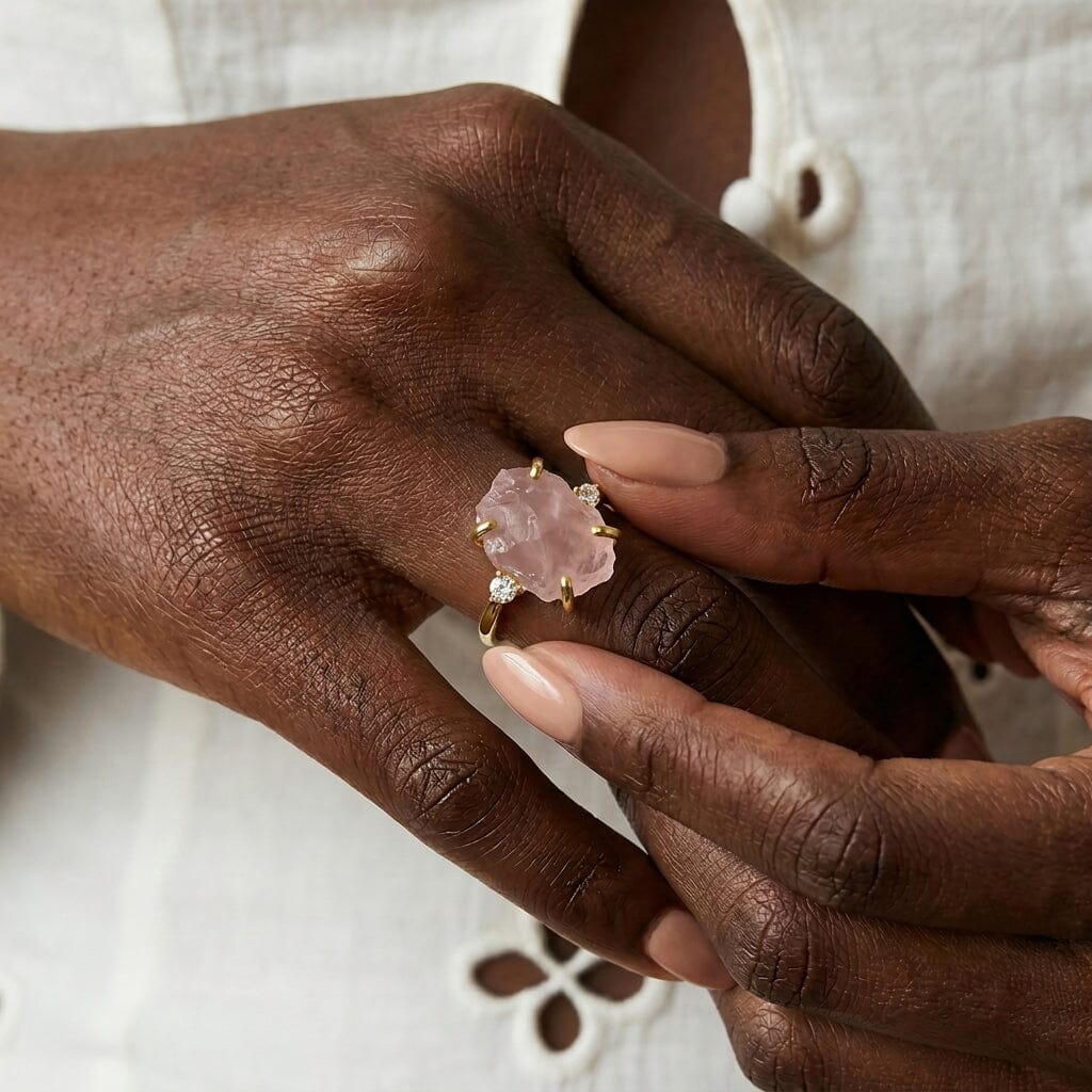 Rose Quartz Lab Diamond Ring - Raw Allure - on hand yellow gold