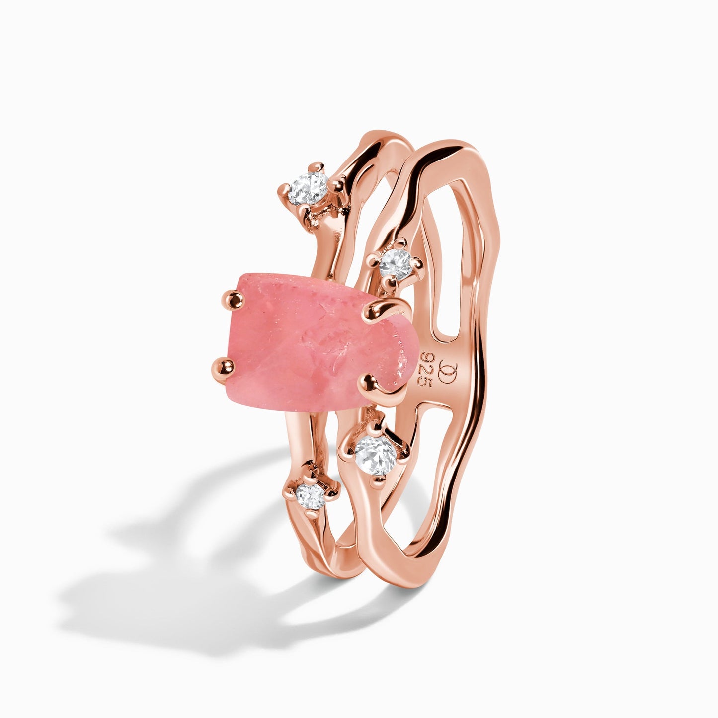 Rose Quartz Raw Crystal Ring - Flow, rose gold detail