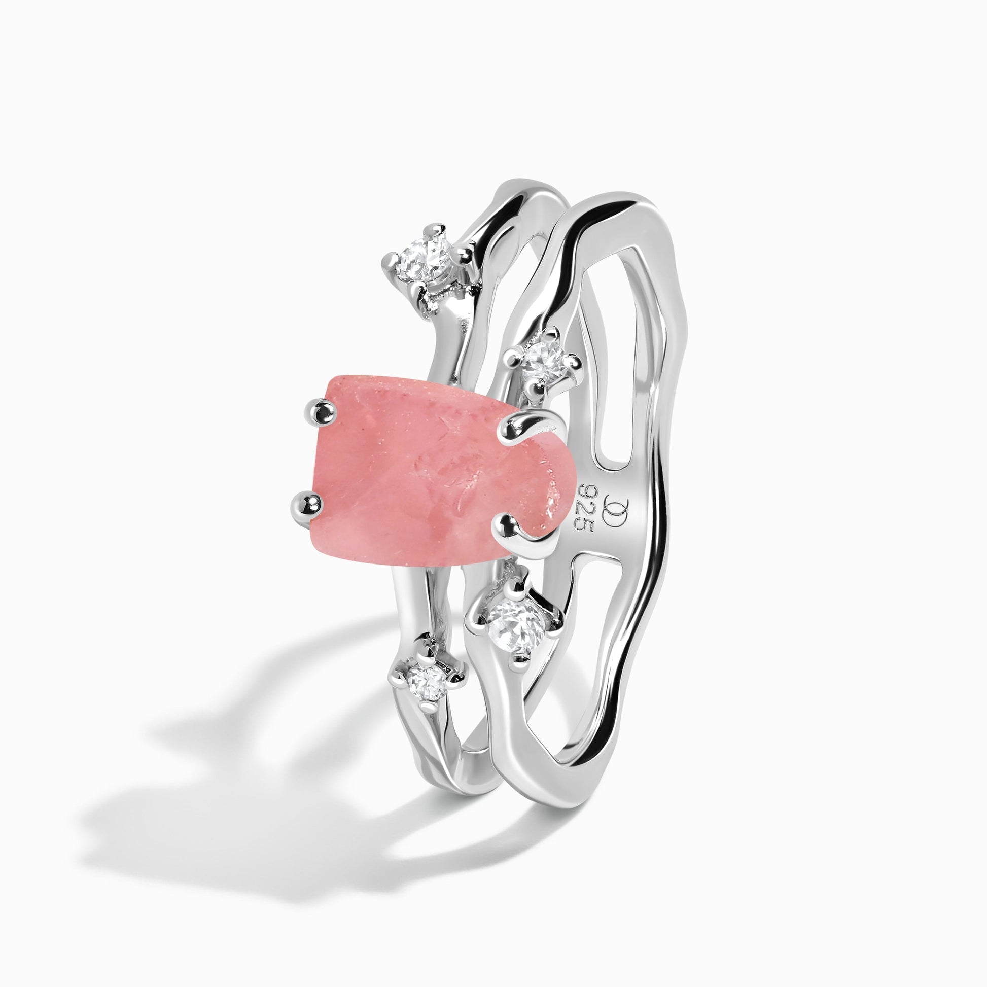 Rose Quartz Raw Crystal Ring - Flow, silver detail