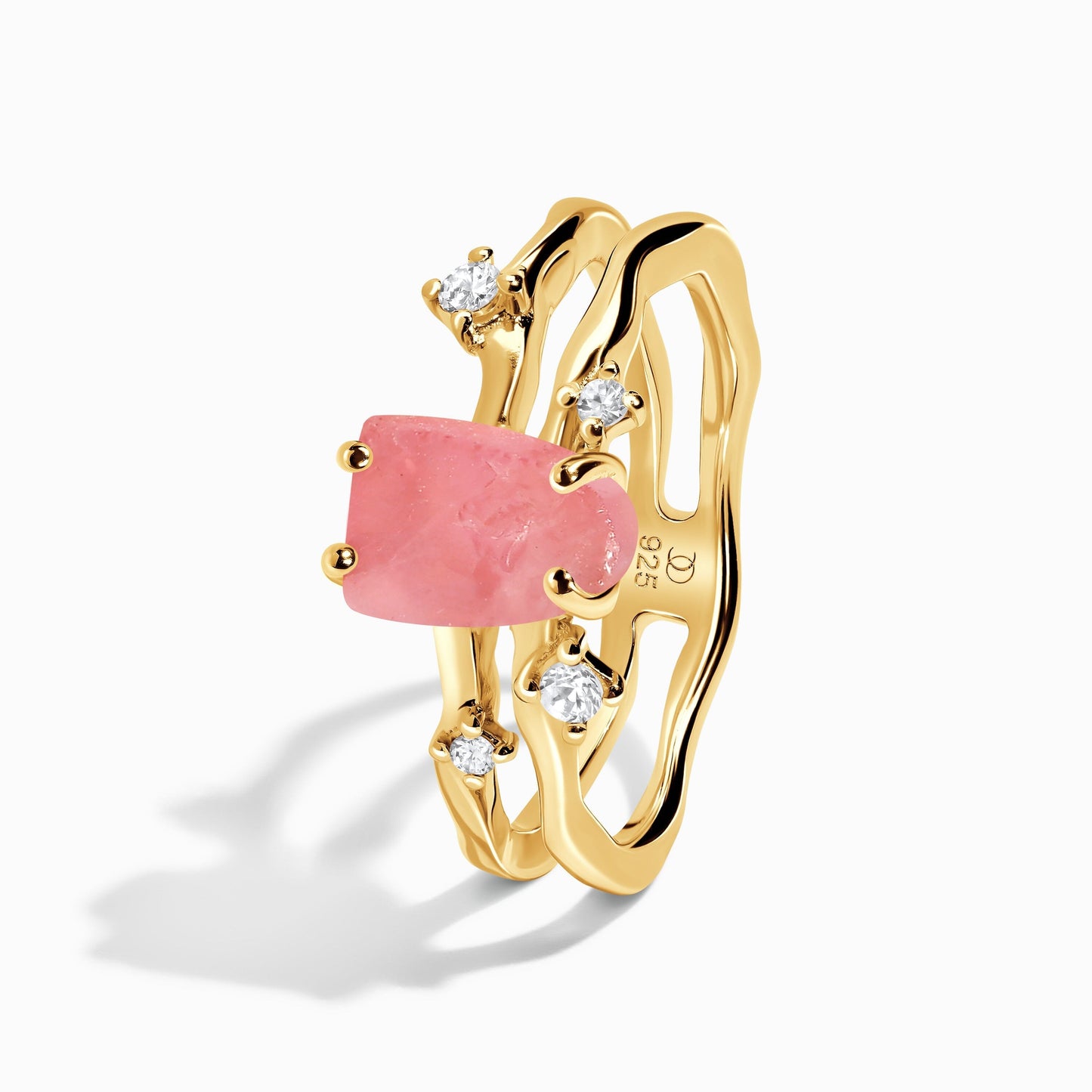 Rose Quartz Raw Crystal Ring - Flow, yellow gold detail