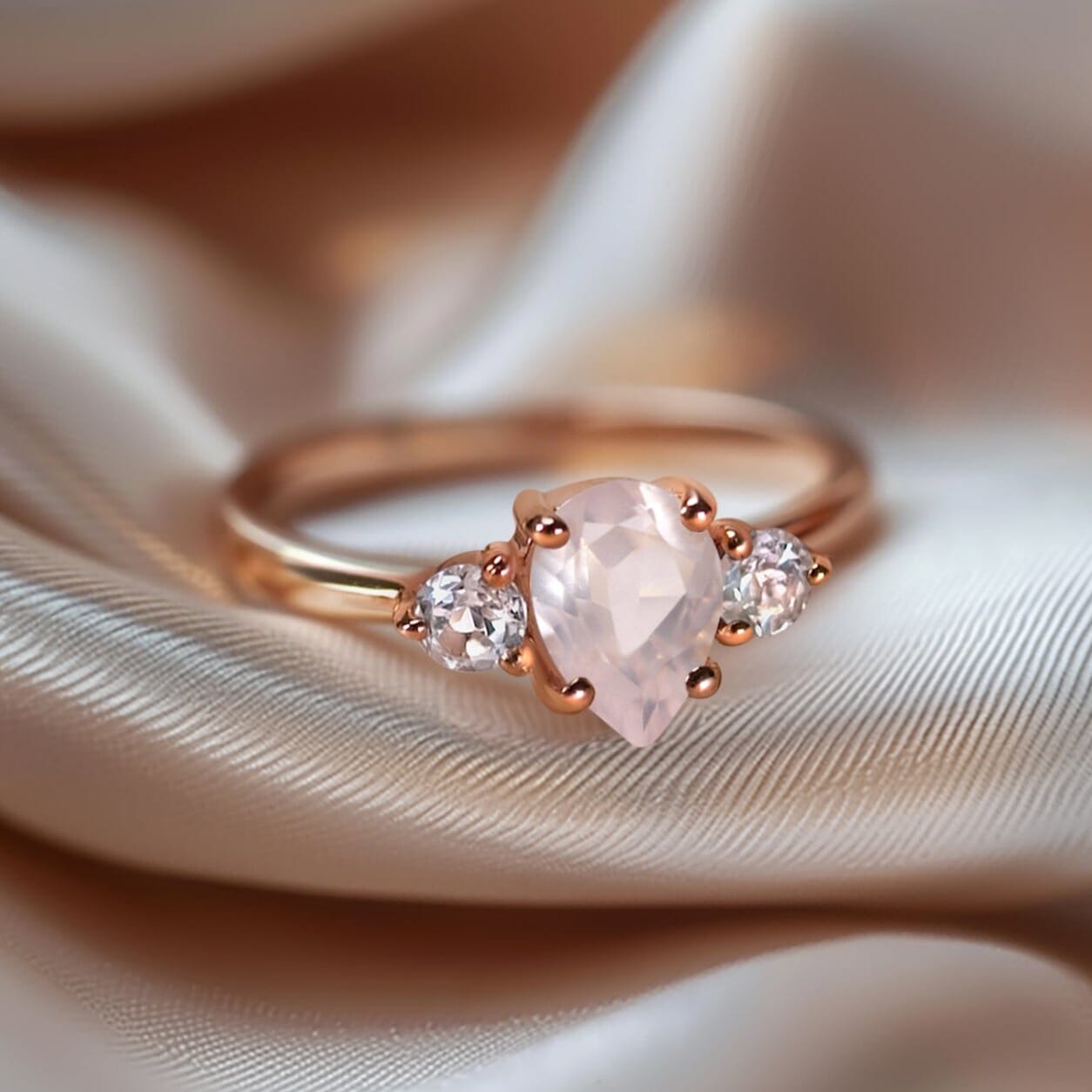 Rose Quartz Ring - Lania - rose gold on fabric