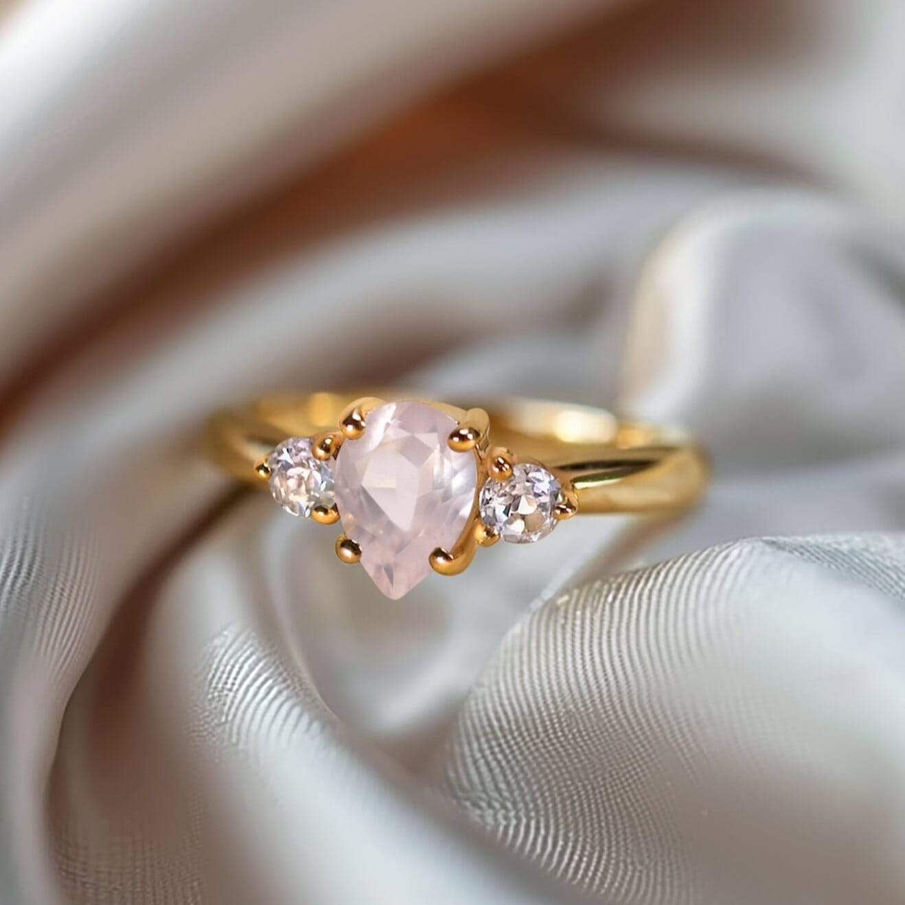 Fine Rose Quartz Lab Diamond Ring - Lania - yellow gold on fabric
