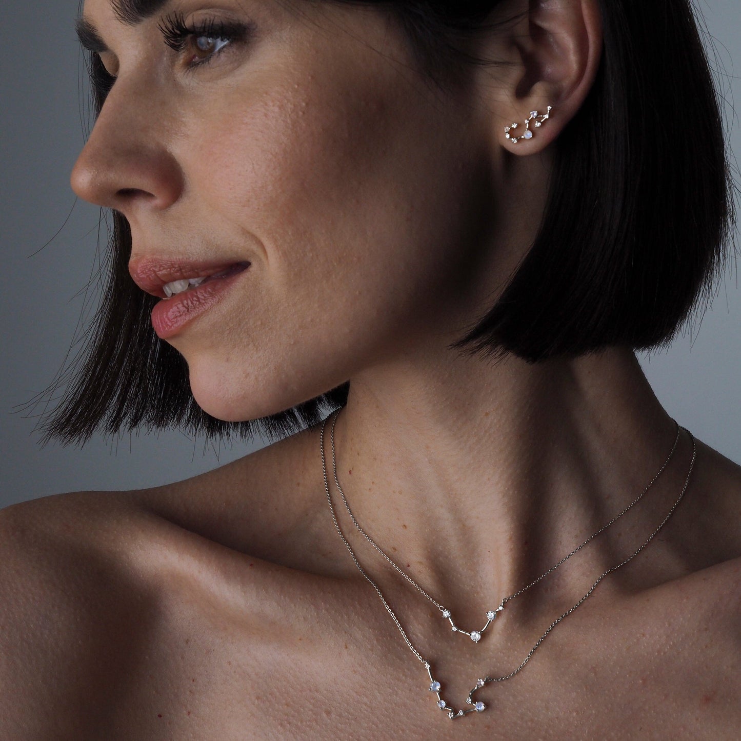Fine Moonstone Lab Diamond Necklace - Aquarius Zodiac Constellation - sterling silver detail