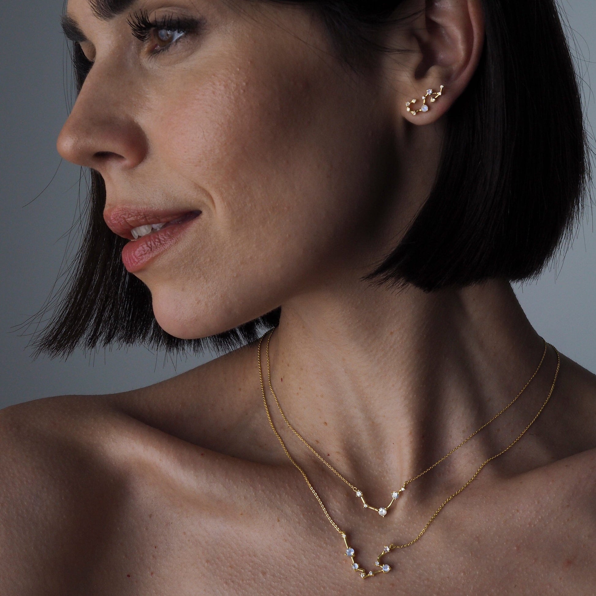 Fine Moonstone Lab Diamond Necklace - Aries Zodiac Constellation - yellow gold detail