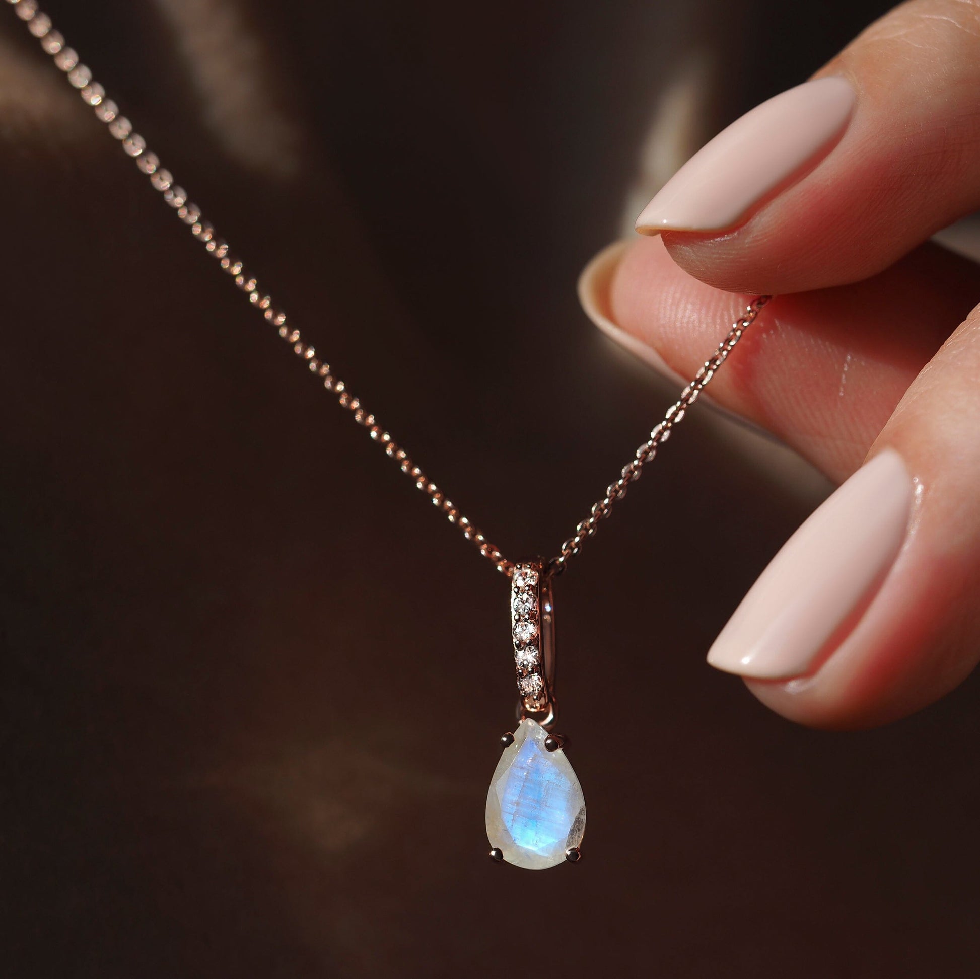 Fine Moonstone Lab Diamond Necklace Sway - June Birthstone - macro RG