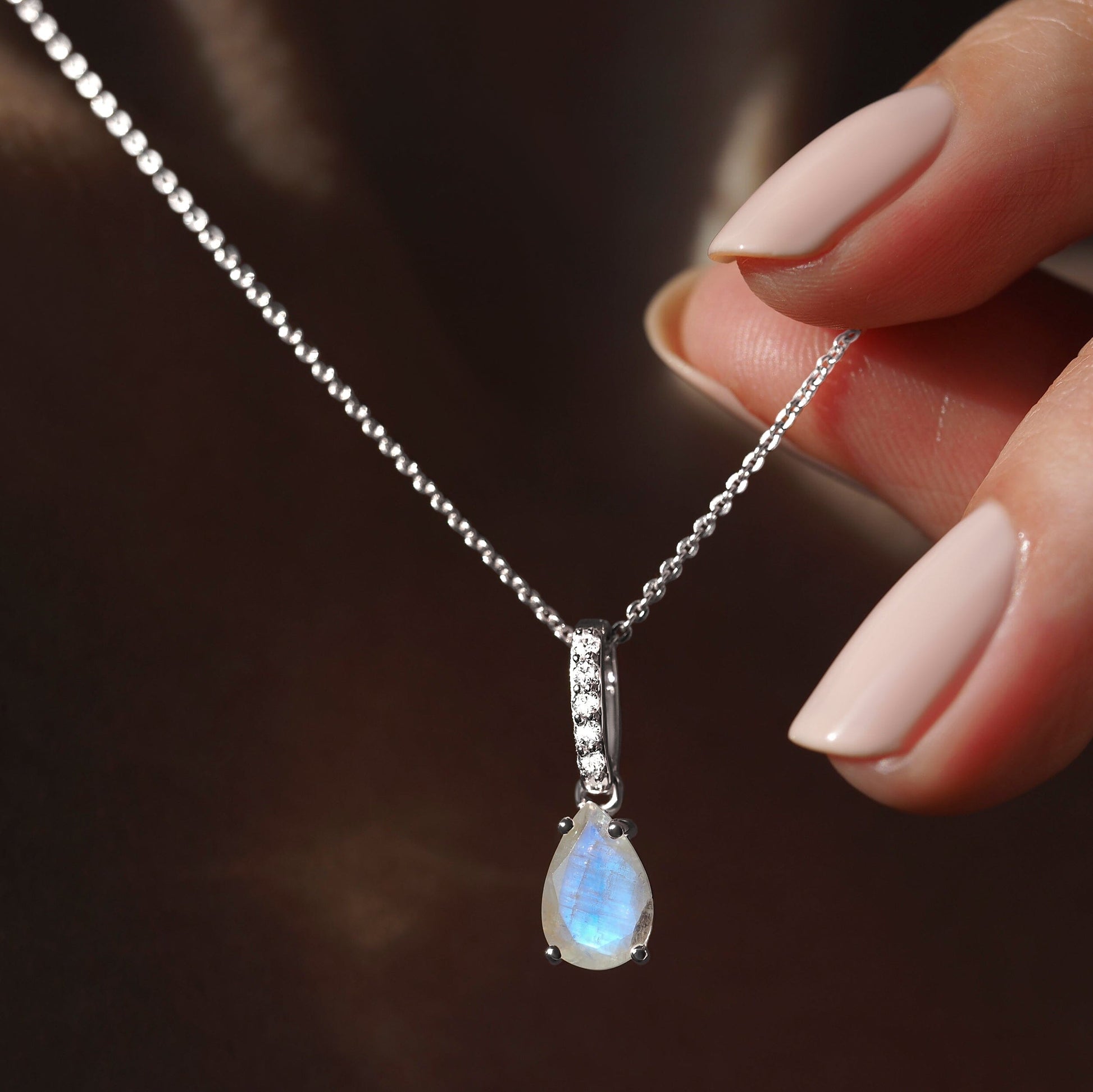 Fine Moonstone Lab Diamond Necklace Sway - June Birthstone - macro SIL