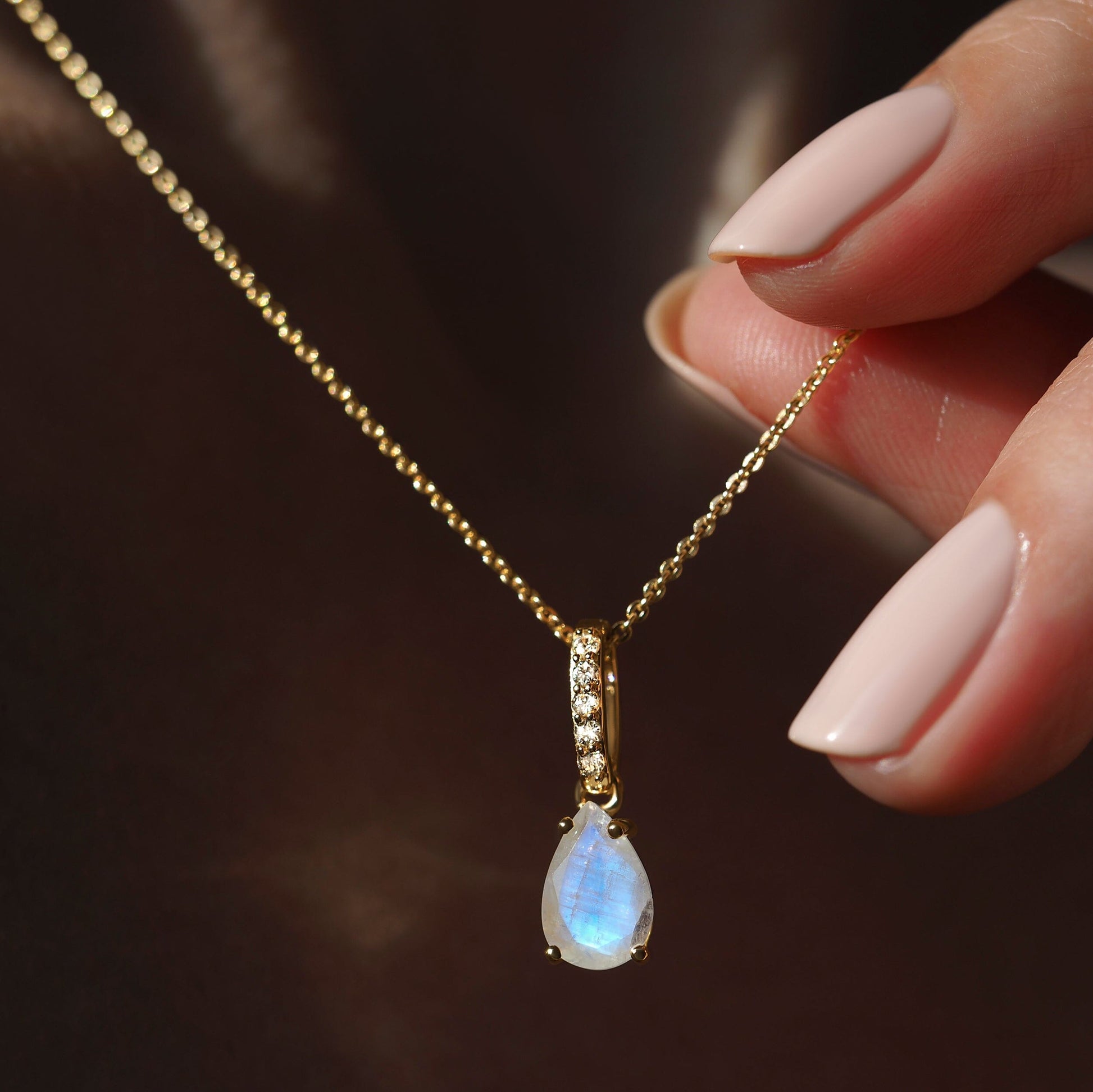 Fine Moonstone Lab Diamond Necklace Sway - June Birthstone - macro YG