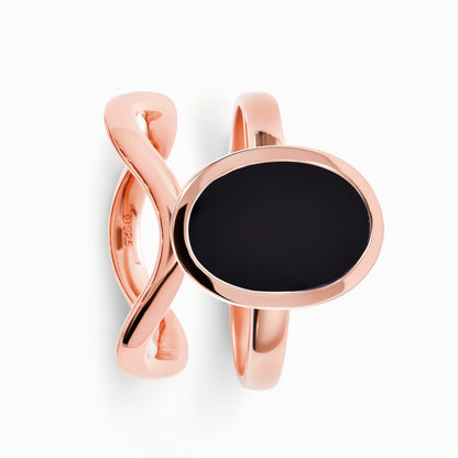 Enfolded Black Onyx & Waves Rings - rose gold