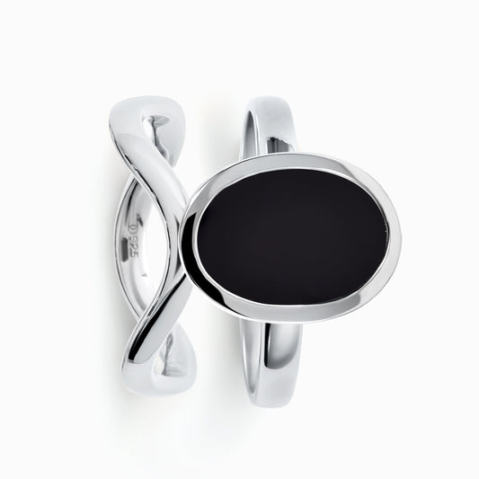 Enfolded Black Onyx & Waves Rings - silver