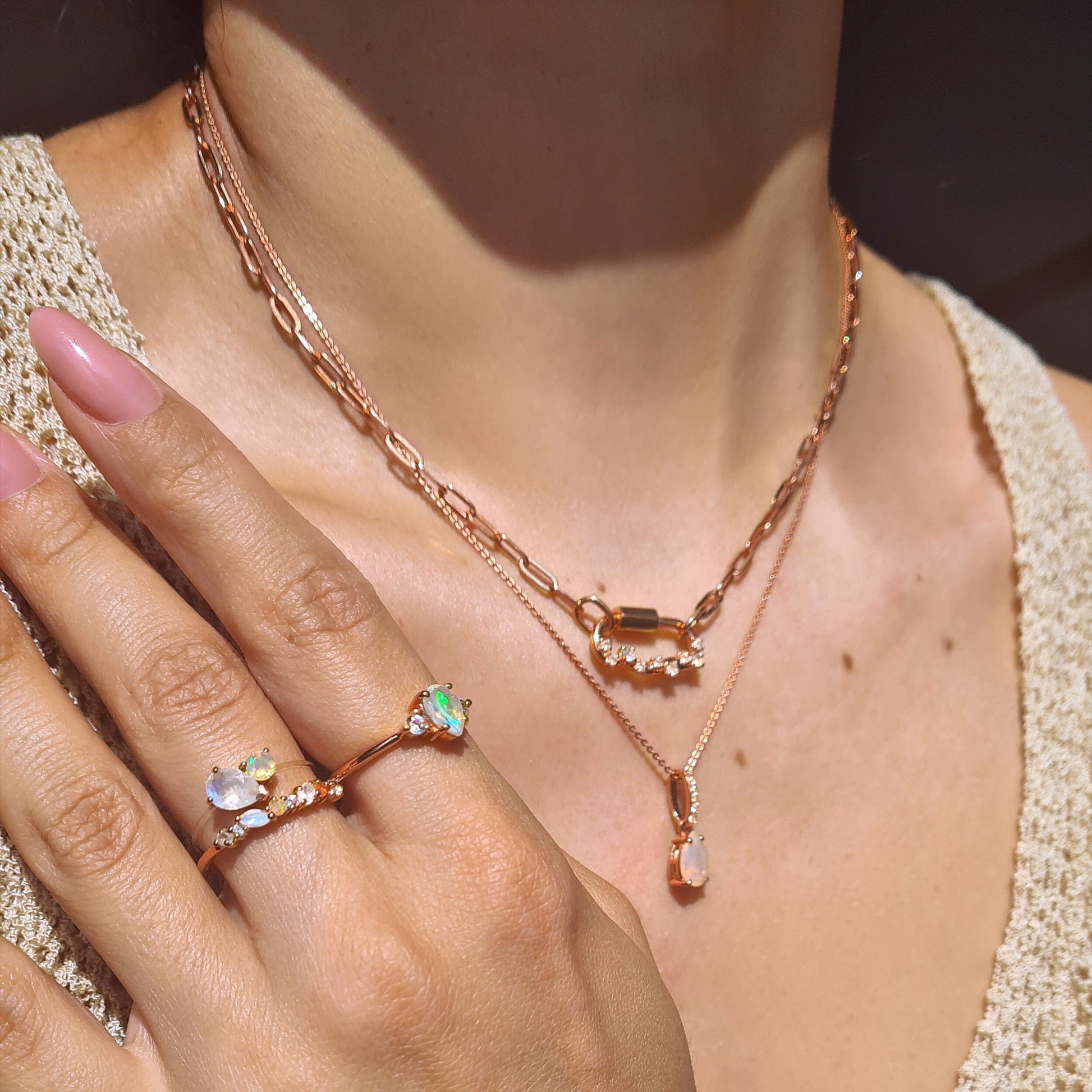 Moonstone Opal Ring - Grace - rose gold styled with necklace