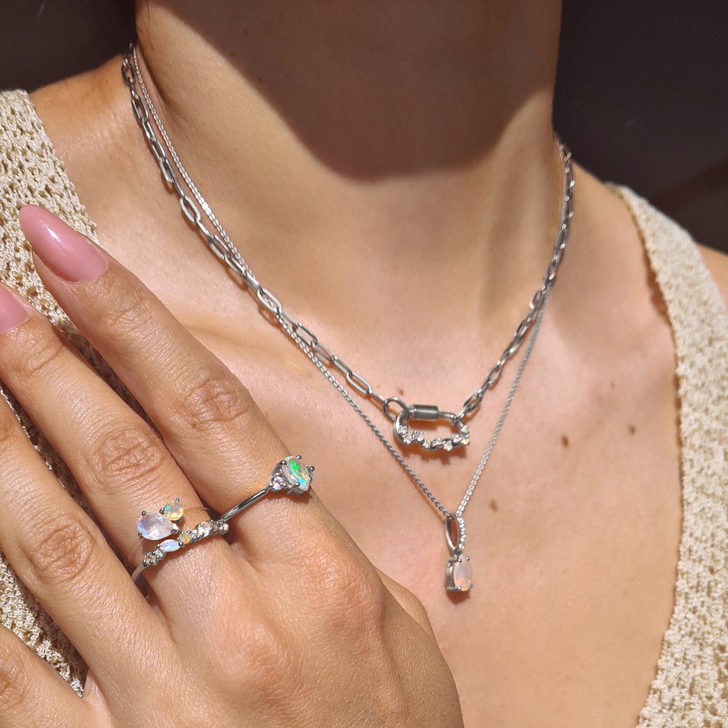 Moonstone Opal Ring - Grace - sterling silver styled with necklace