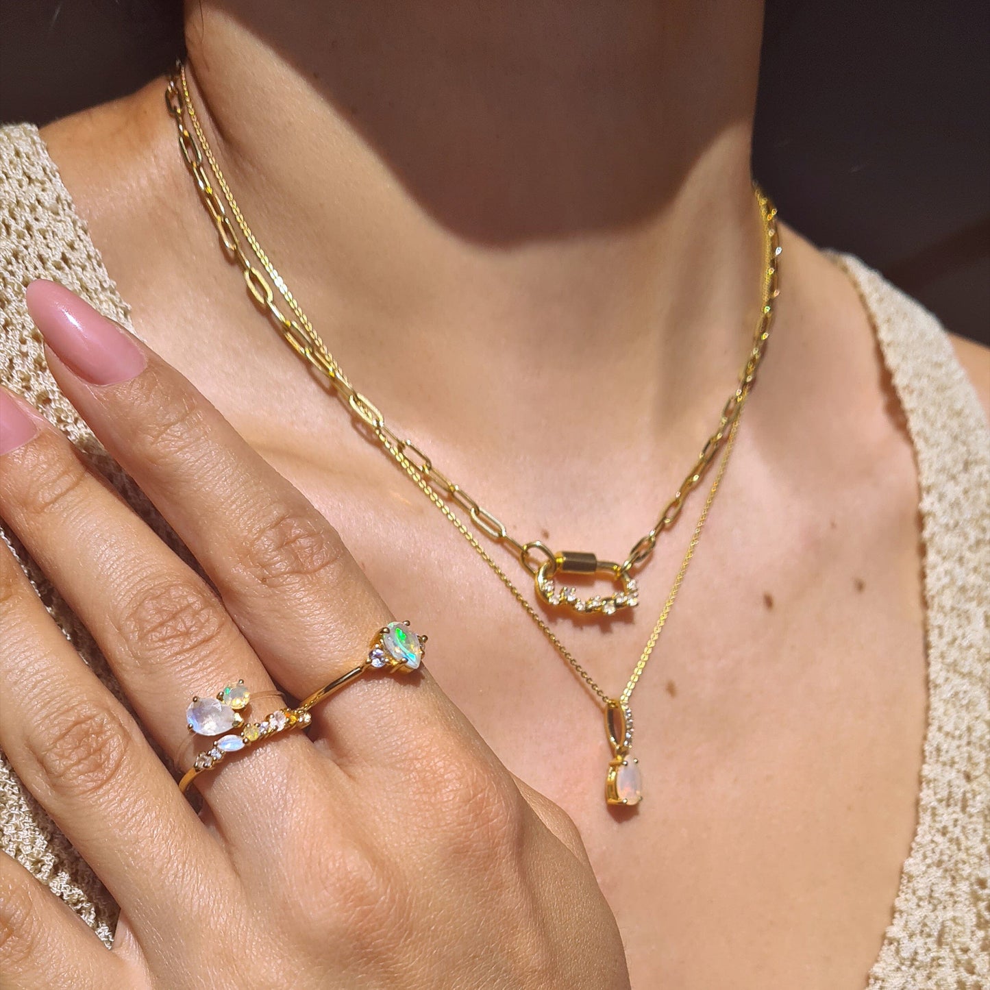 Moonstone Opal Ring - Grace - yellow gold styled with necklace
