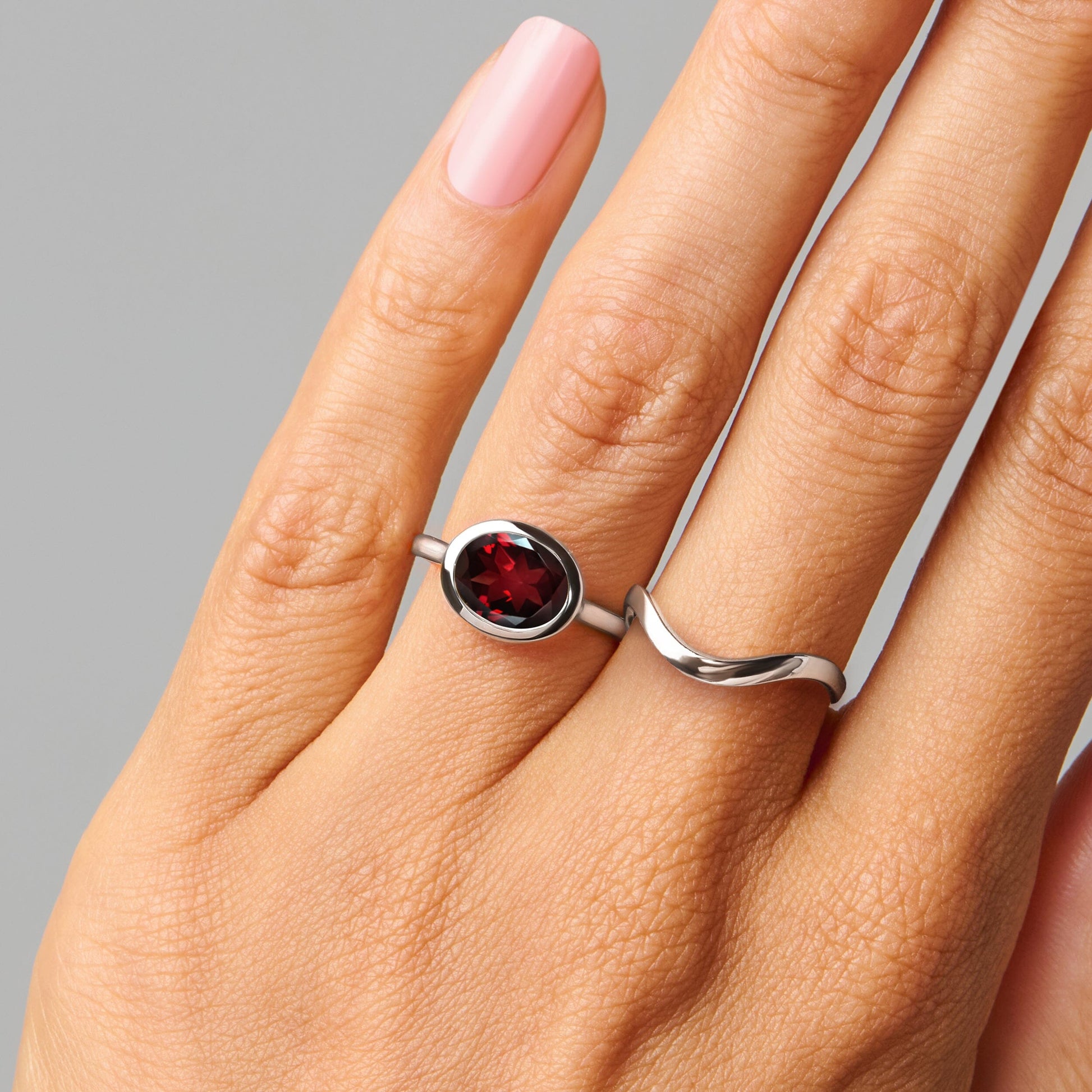 Garnet Skin-Touch & Waves Rings - silver worn