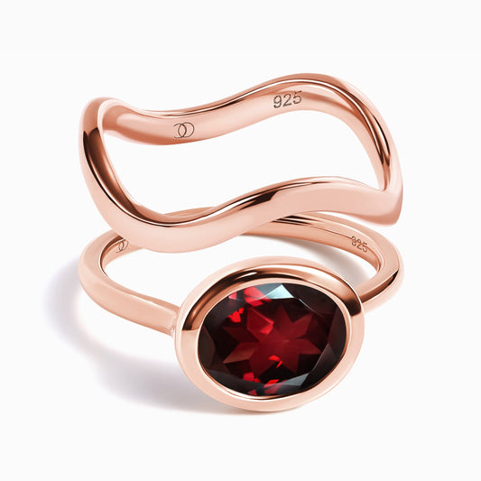 Garnet Skin-Touch & Waves Rings - rose gold