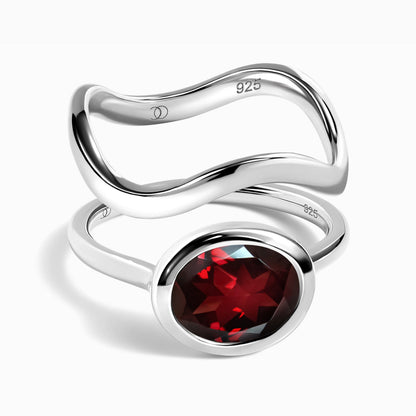 Garnet Skin-Touch & Waves Rings - silver