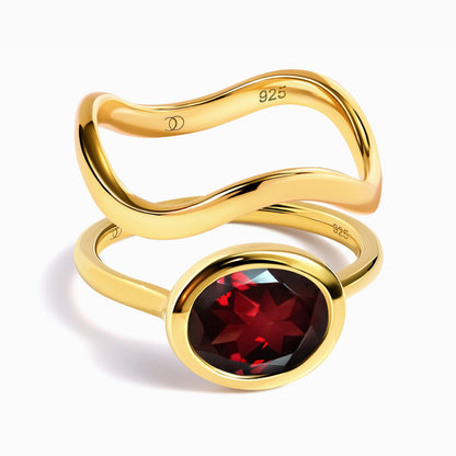 Garnet Skin-Touch & Waves Rings - yellow gold