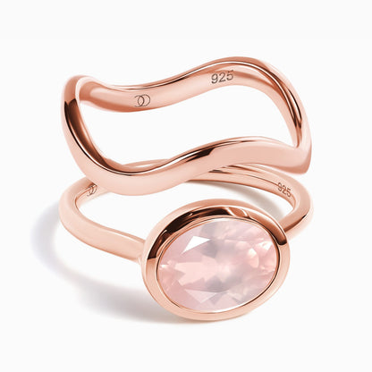 Rose Quartz Skin Touch Ring & Waves Band - rose gold