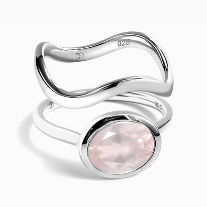 Rose Quartz Skin Touch Ring & Waves Band - silver