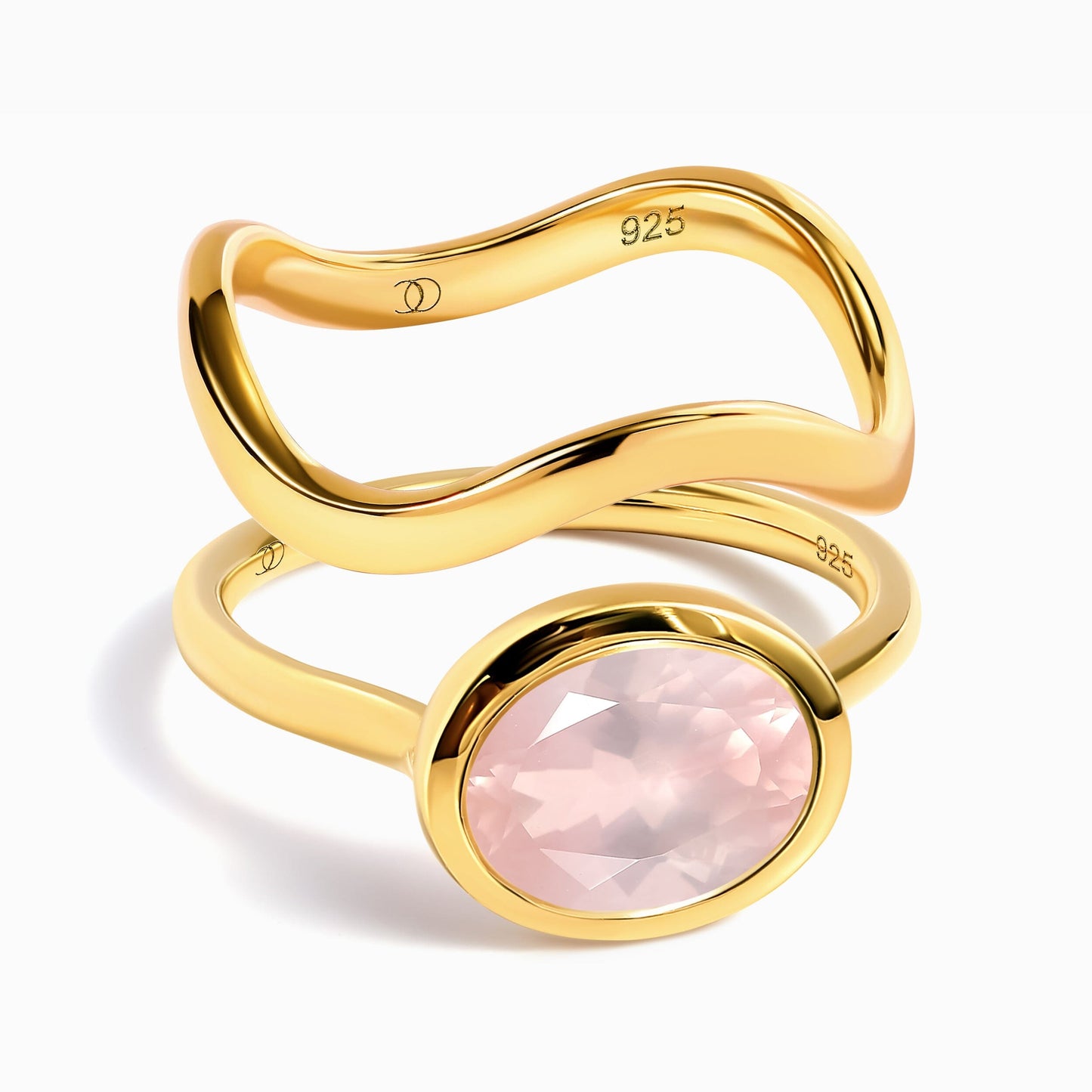 Rose Quartz Skin Touch Ring & Waves Band - yellow gold