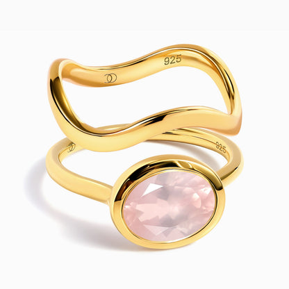 Rose Quartz Skin Touch Ring & Waves Band - yellow gold