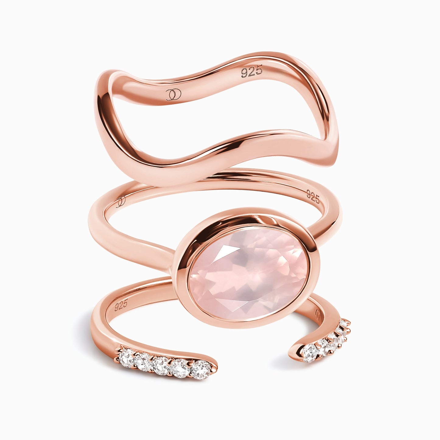 Rose Quartz Skin-Touch & Twinkling & Waves Rings - rose gold