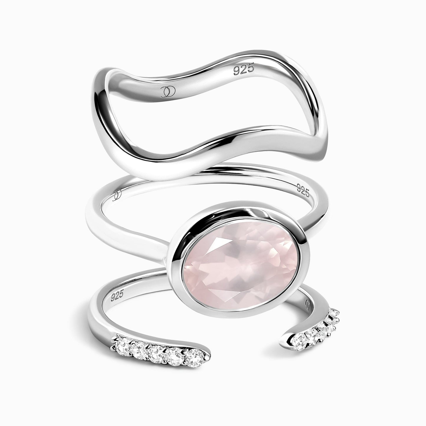 Rose Quartz Skin-Touch & Twinkling & Waves Rings - silver