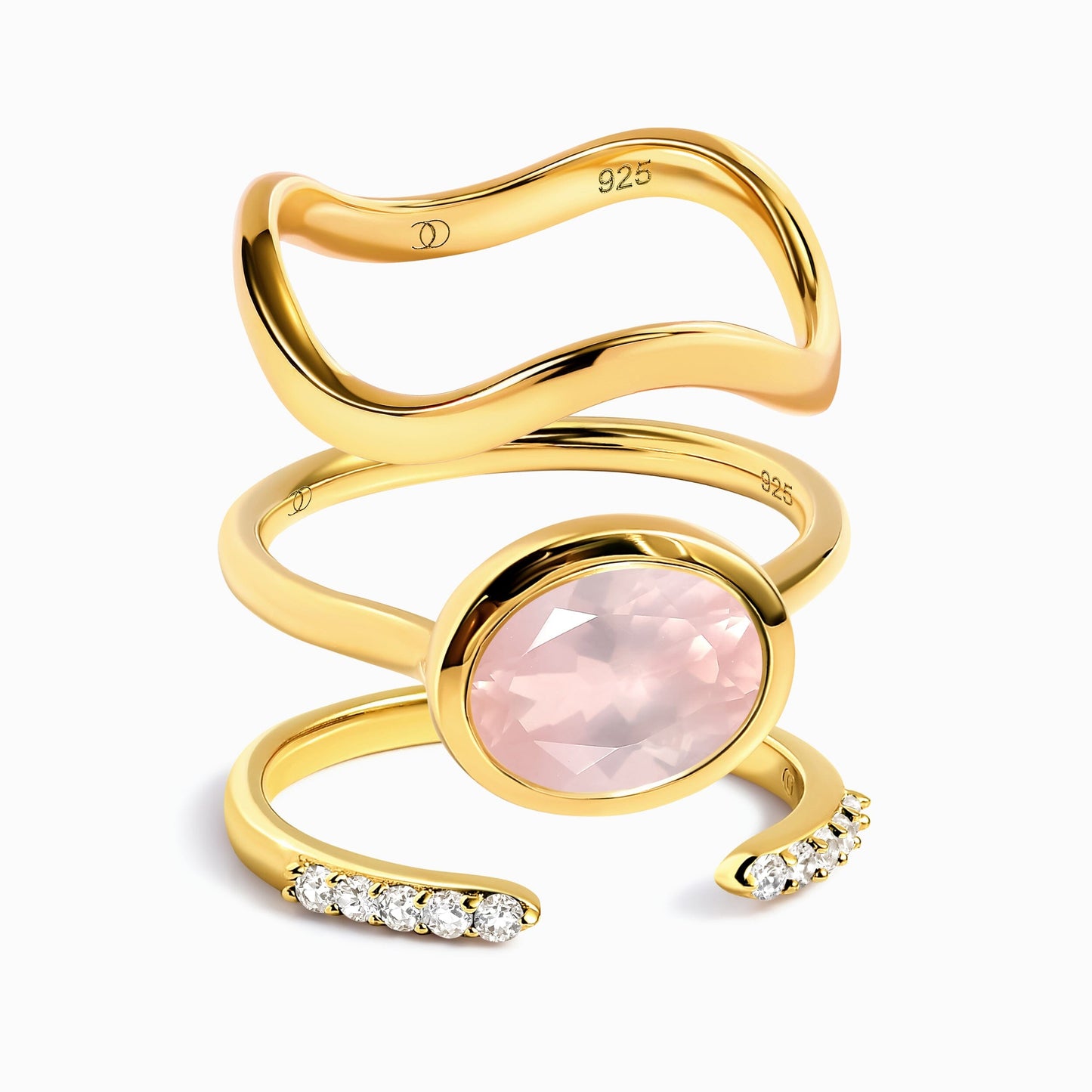 Rose Quartz Skin-Touch & Twinkling & Waves Rings - yellow gold