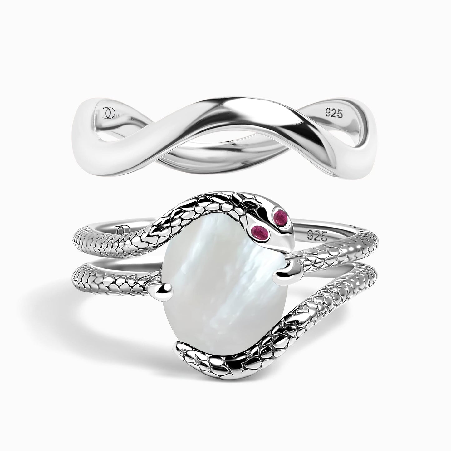 Mother of Pearl Ruby Serpent Waves Rings - silver