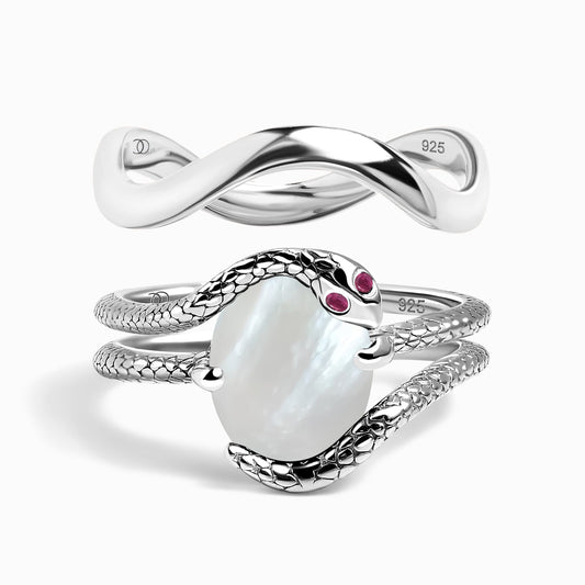 Mother of Pearl Ruby Serpent Waves Rings - silver
