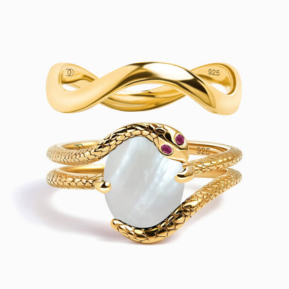 Mother of Pearl Ruby Serpent Waves Rings - yellow gold