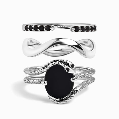 Black Onyx Serpent & Twinkling & Waves Rings - Sterling Silver