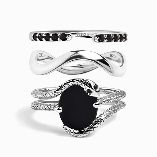Black Onyx Serpent & Twinkling & Waves Rings - Sterling Silver