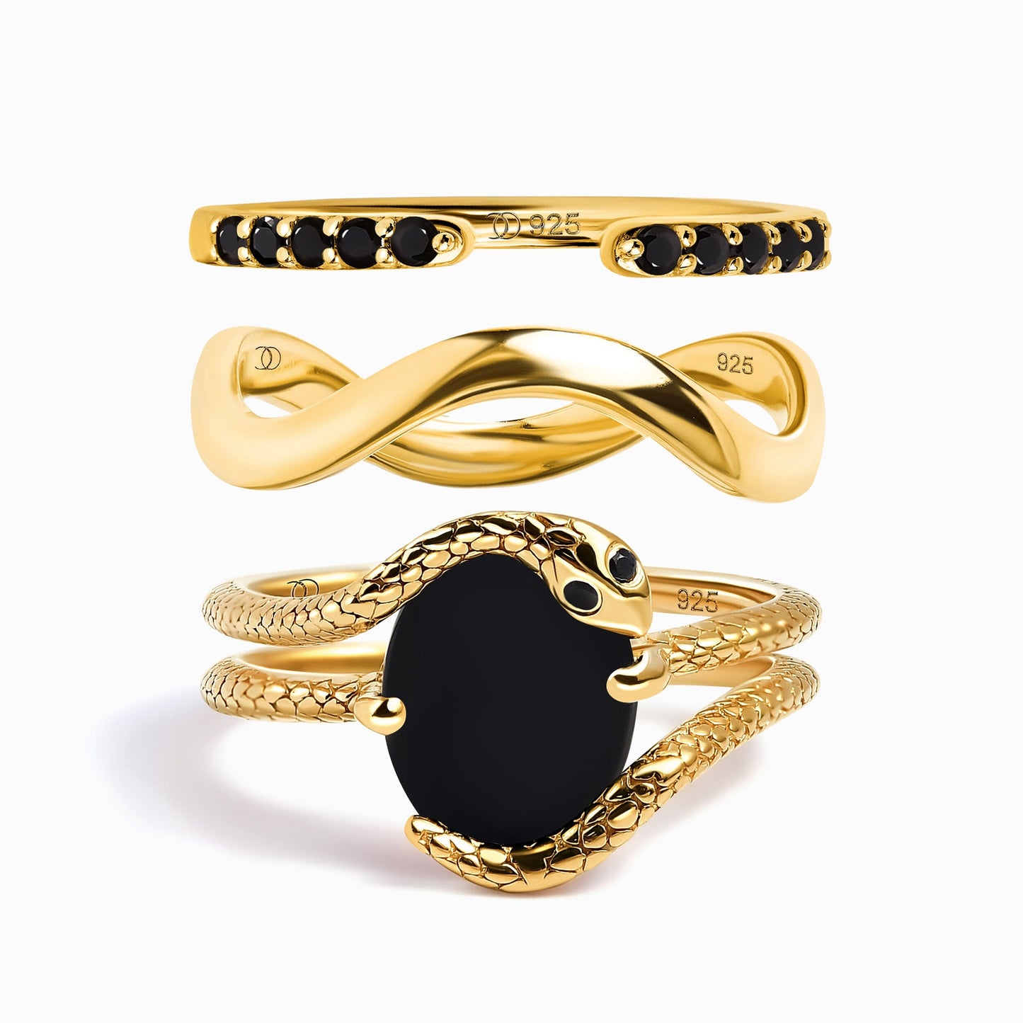 Black Onyx Serpent & Twinkling & Waves Rings - Yellow Gold Vermeil