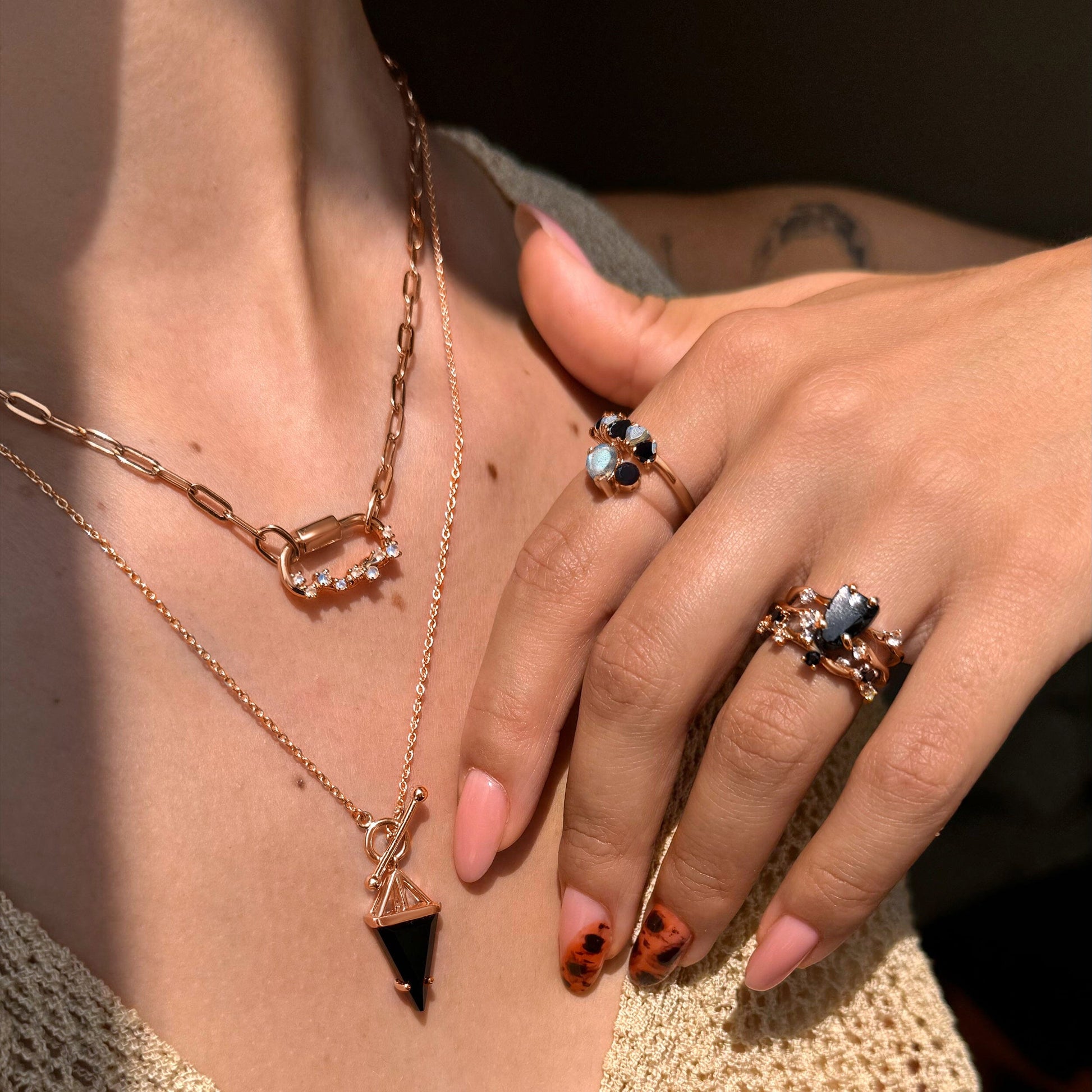 Black Obsidian Necklace - Heroine - rose gold layered