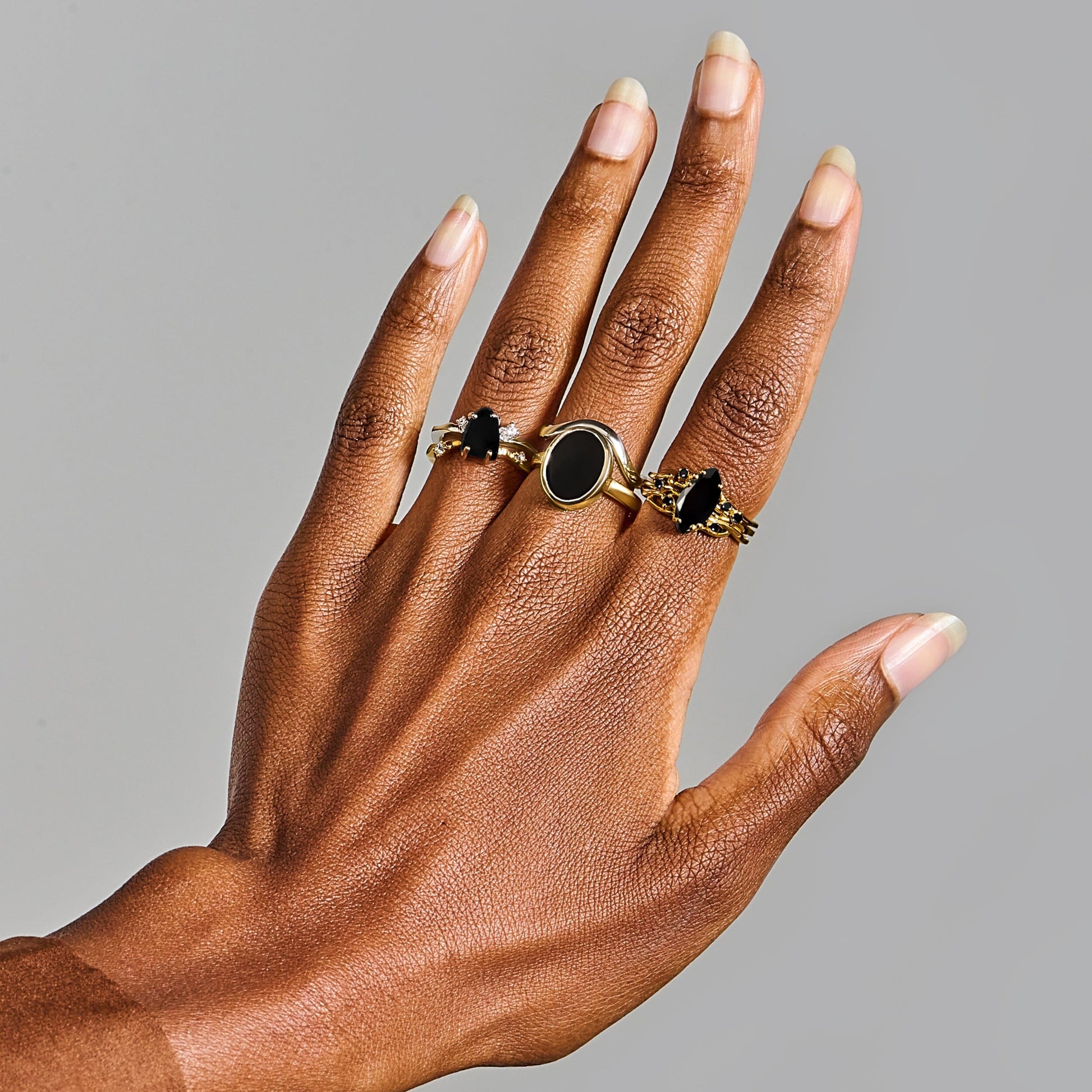 Black Obsidian Black Spinel Ring - Radiance stacked yellow gold