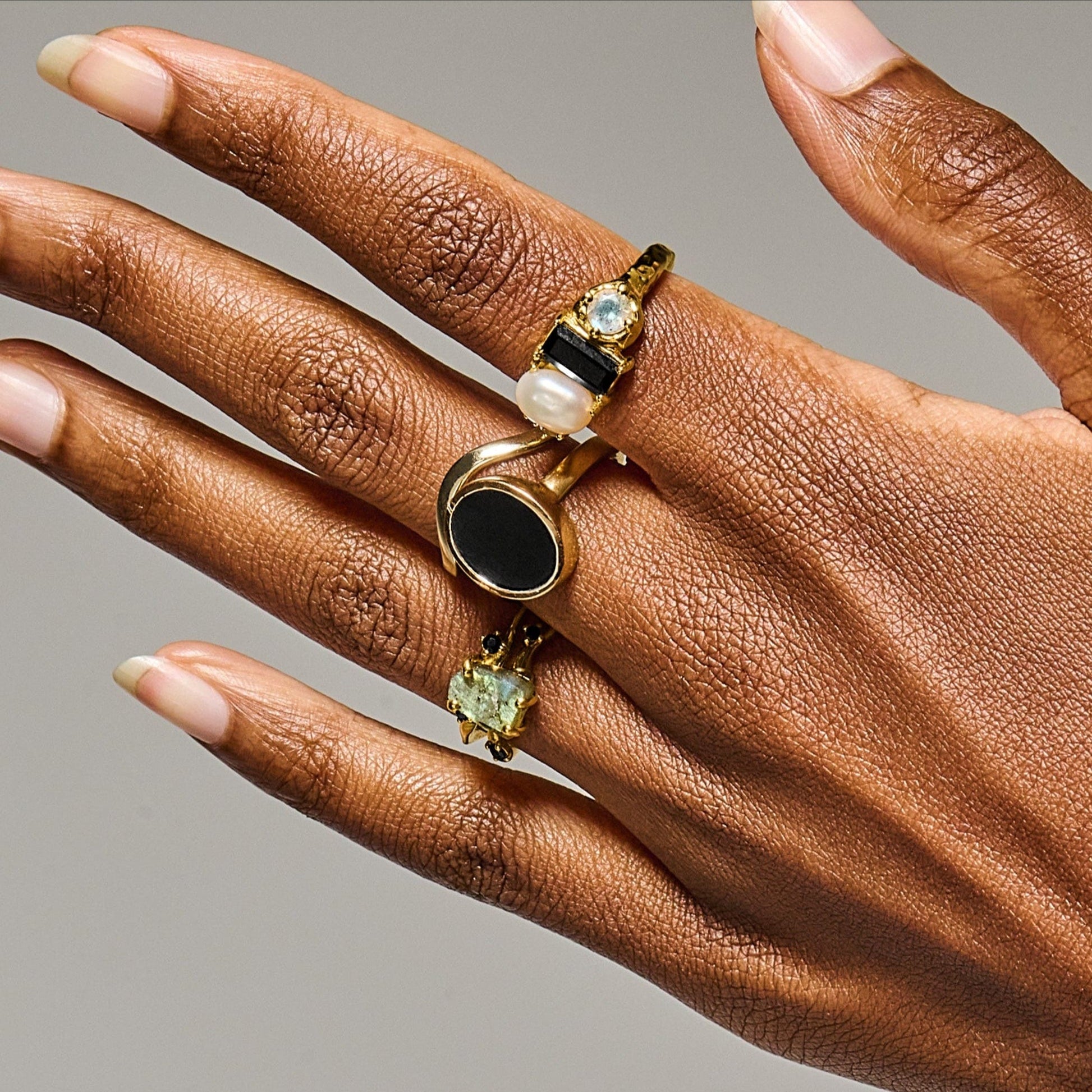 Black Obsidian Treasure & Waves Rings - lifestyle gold