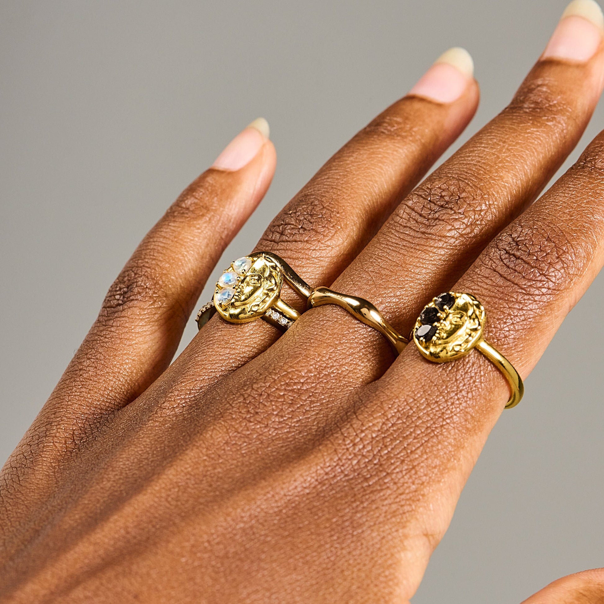 Moonstone Ring - Goddess - yellow gold worn