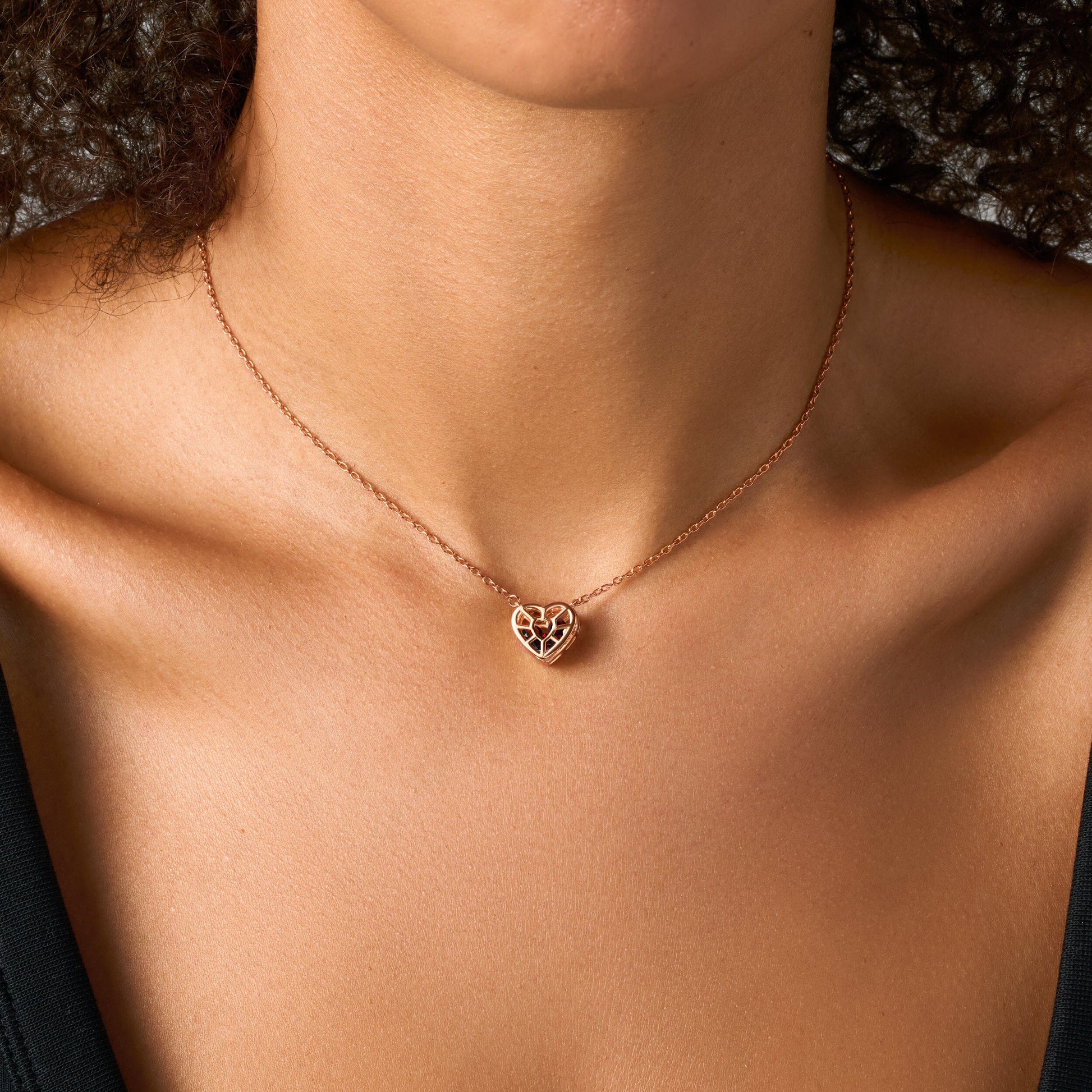 Heart in Motion necklace rose gold on neck