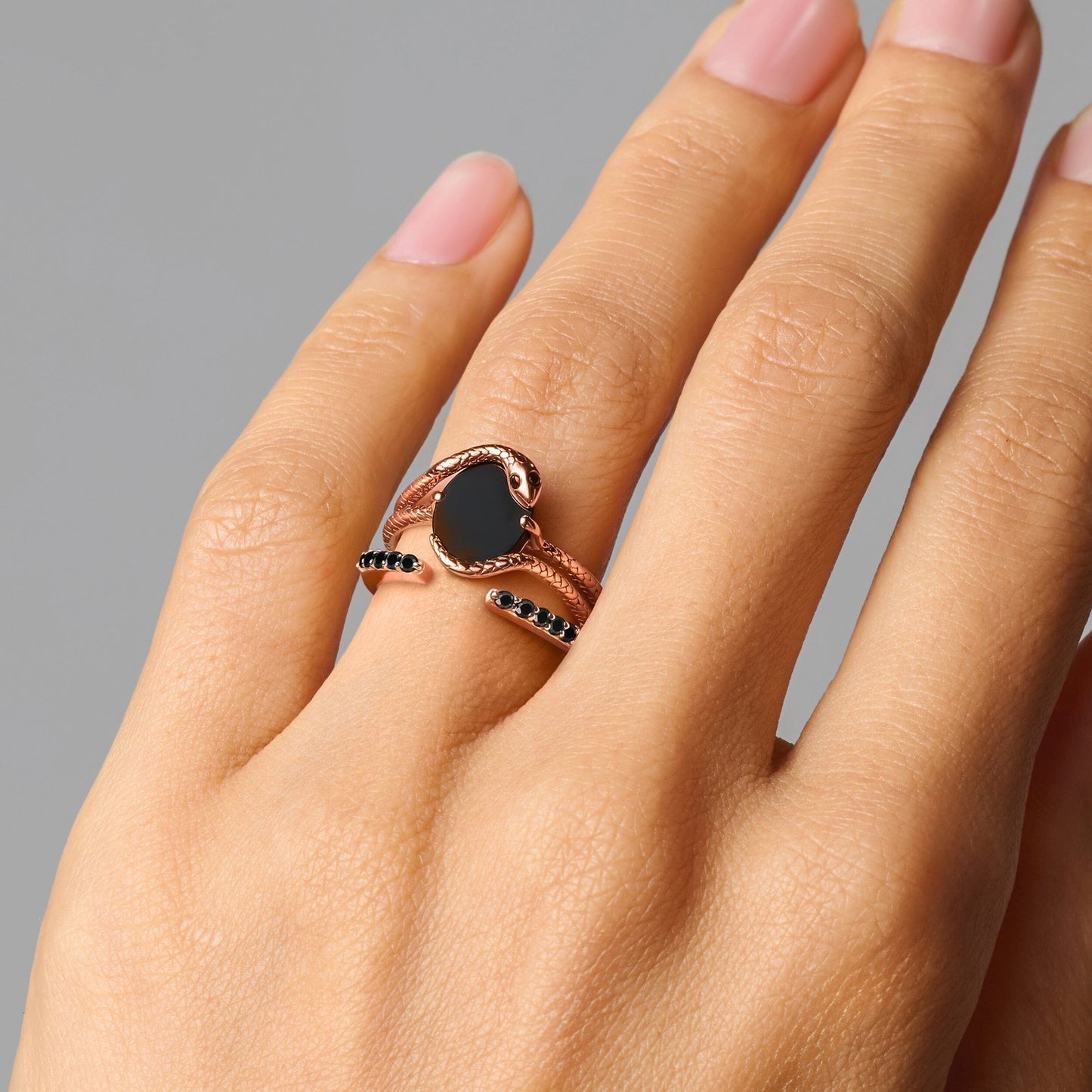 Black Onyx Serpent Rings rose gold worn
