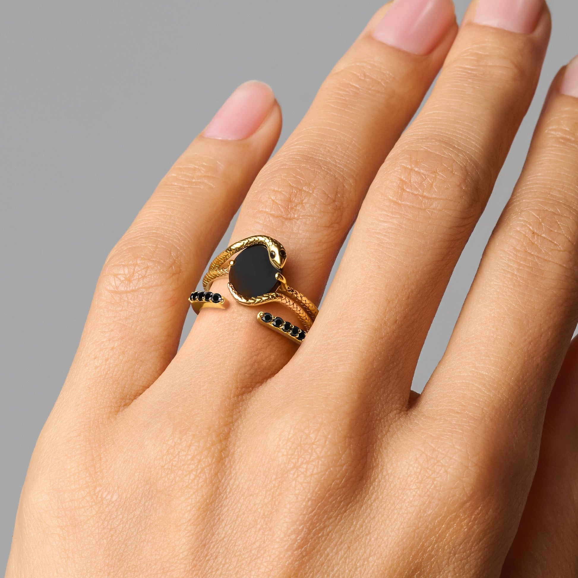 Black Onyx Serpent Rings gold worn