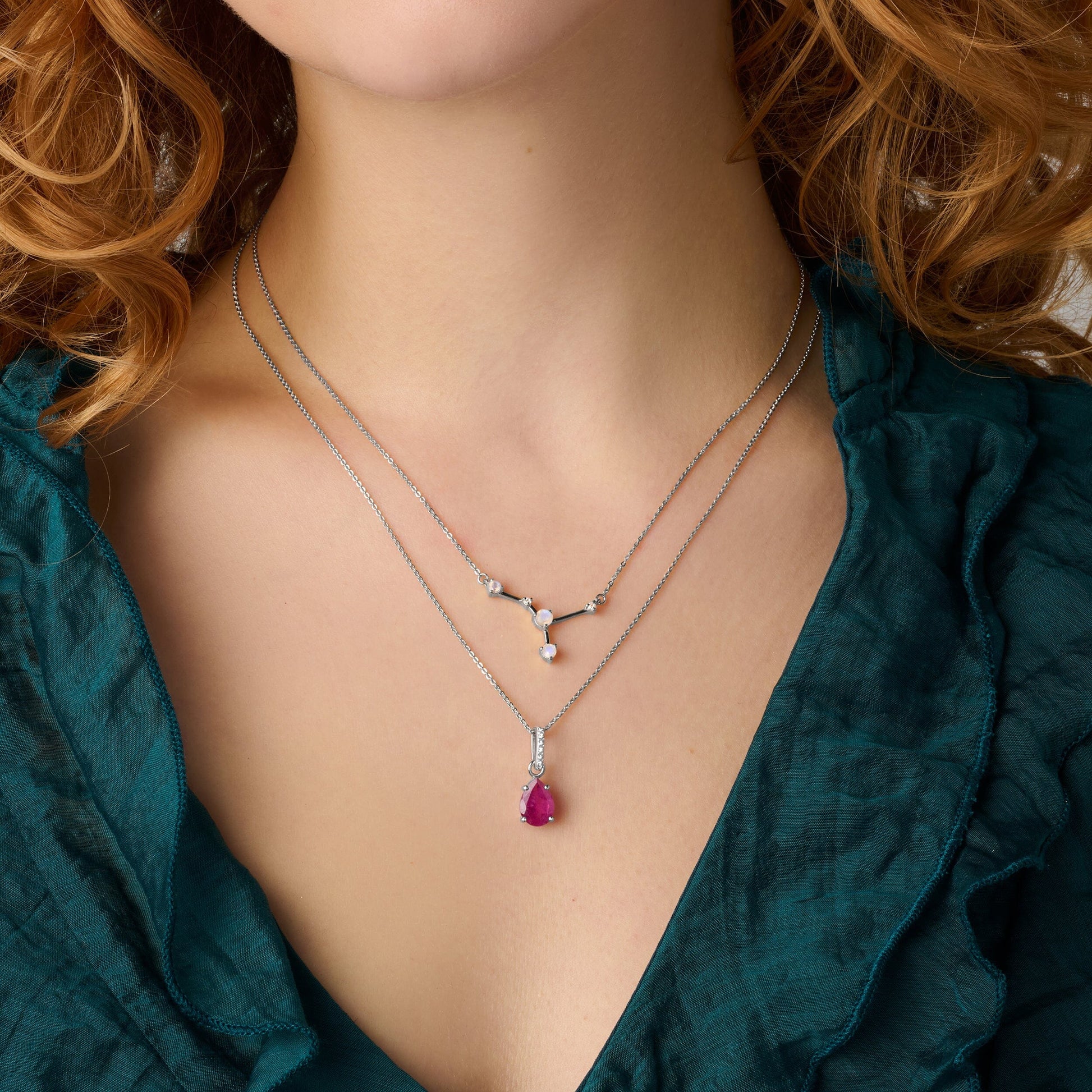 Cancer Zodiac & July Birthstone Necklaces - silver worn