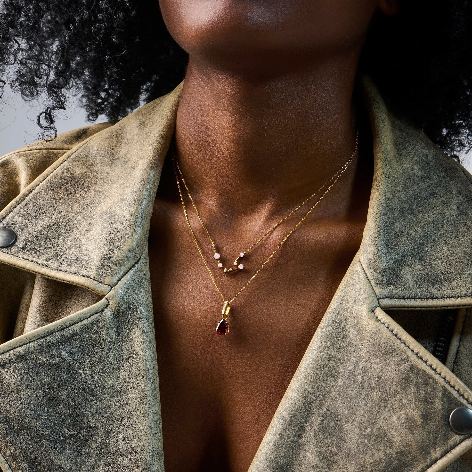 Fine Moonstone Lab Diamond Necklace - Aquarius Zodiac Constellation - yellow gold vermeil worn
