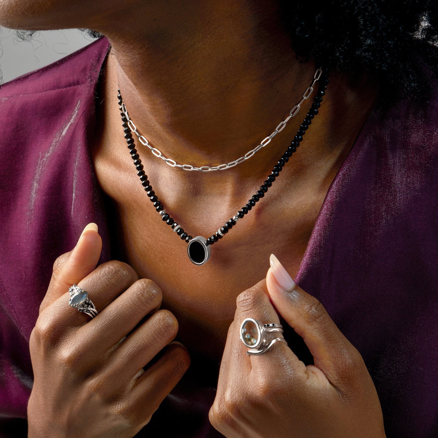 Black Onyx & Black Obsidian Divina Necklace - lifestyle silver