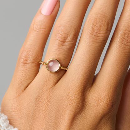 Rose Quartz Energy Ring - Self-Love Engraved, yellow gold on hand